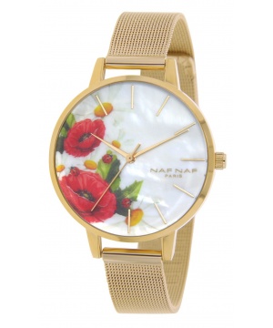 Часовник от Naf Naf в златисто и бяло с цветя