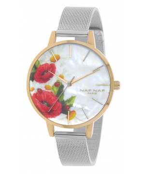 Часовник от Naf Naf в златисто, сребристо и бяло с цветя