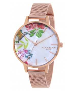 Часовник от Naf Naf в розово златисто и бяло с цветя