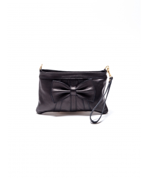 Кокетна клъч чанта с ефектна панделка в черен цвят